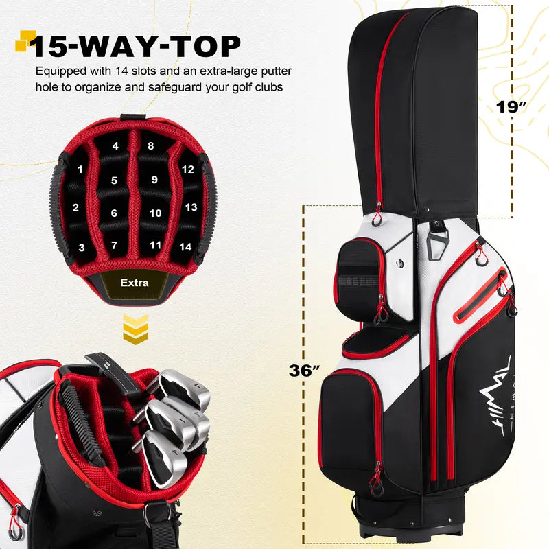 15 Way Divider Golf Cart Bag for Men & Women, Multi-Pocket Golf Bag with Rain Cover & Comfort Handles