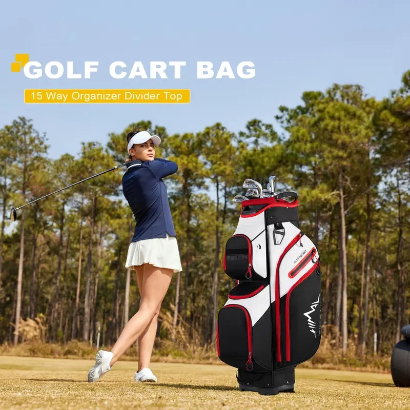 15 Way Divider Golf Cart Bag for Men & Women, Multi-Pocket Golf Bag with Rain Cover & Comfort Handles