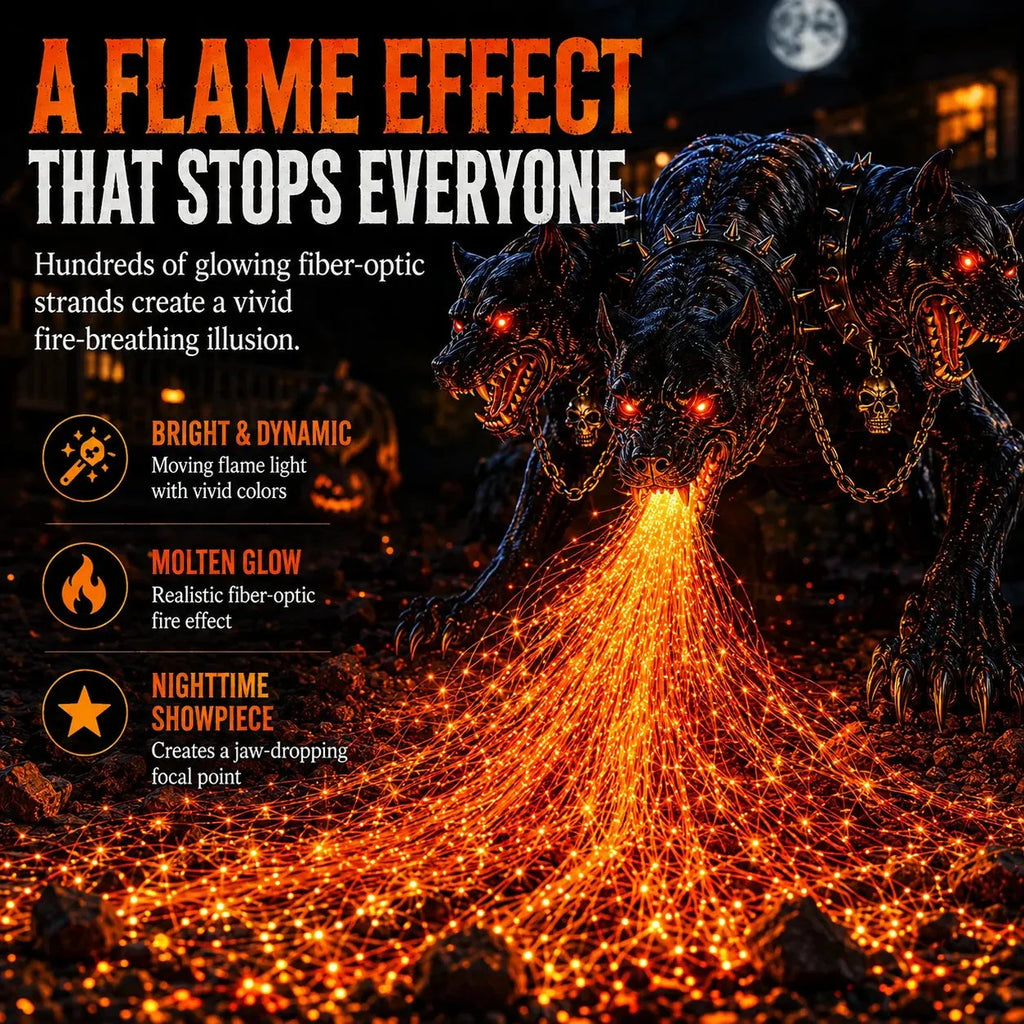 🔥 3-Headed Hellhound Halloween Light – Solar Fire-Breathing Yard Monster