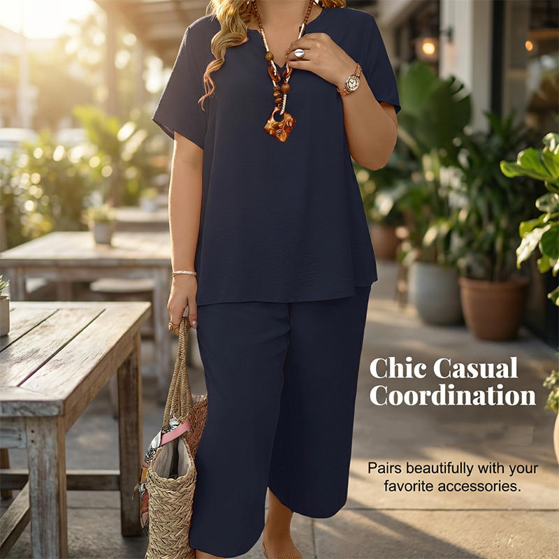 Women's Casual Short Sleeve Top & Wide Leg Pants Set